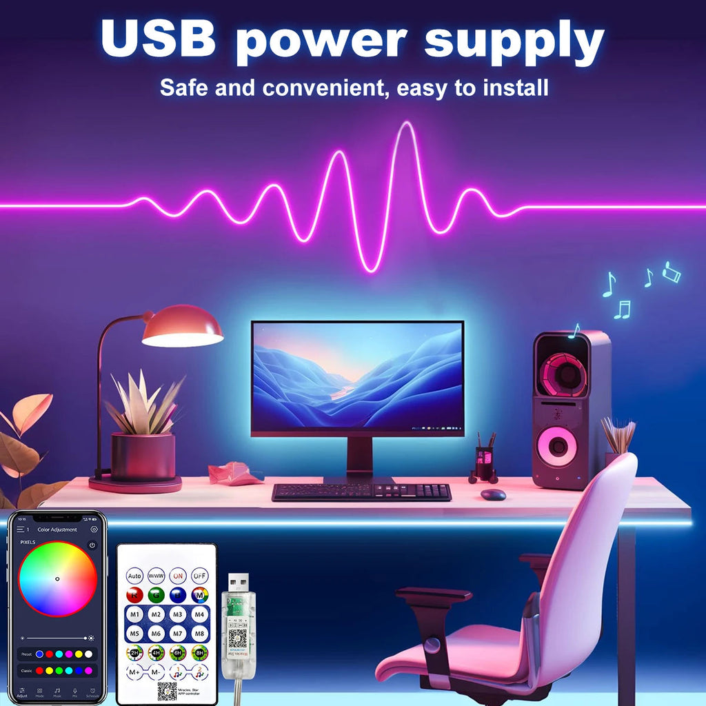 5V RGB+IC Neon Strip Light 1M 2M 3M 5M 10M USB Waterproof Flexible LED Strip Lights With Bluetooth Remote Control For Home Decor Quick Pick Grocers