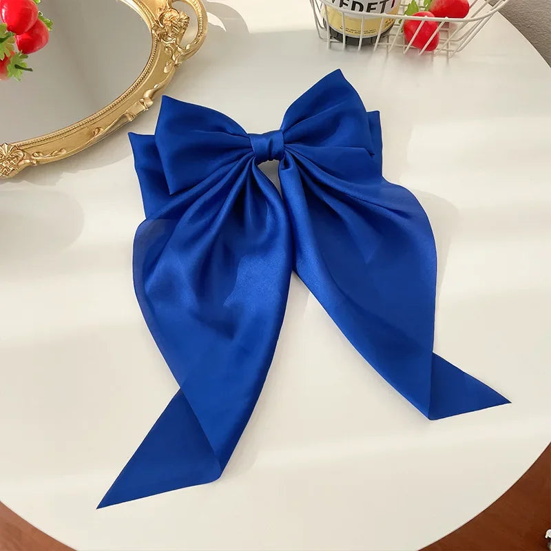 Korean Accessories Hair Clips for Women Girls Big Bowknot Solid Satin Long Ribbon Bows Spring Clamp Barette Cheveux Femme 2023 Quick Pick Grocers