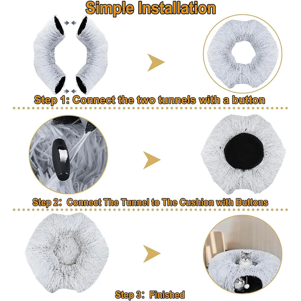 Winter New Arrival Plush Cat Tunnel Bed Foldable Two-in-One round Warmth Pet Nest Thickened Cozy Cuddly Cat Hideaway Quick Pick Grocers