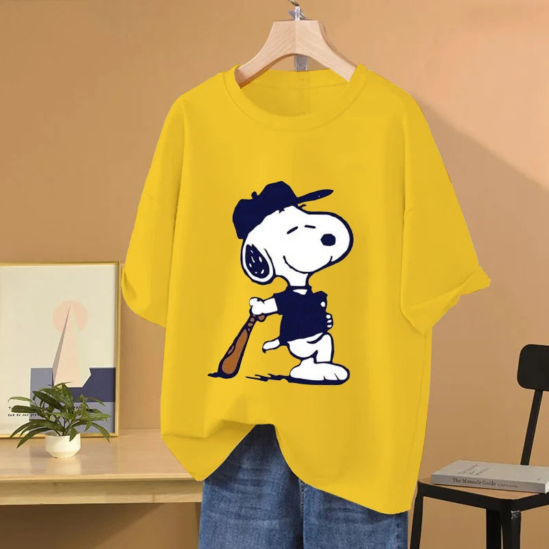 Snoopy Baseball Cartoon Anime Women T-shirt Summer Short Sleeve 100% Cotton Men Tee Shirts Tops 2025 New Fashion Couple Clothes Quick Pick Grocers