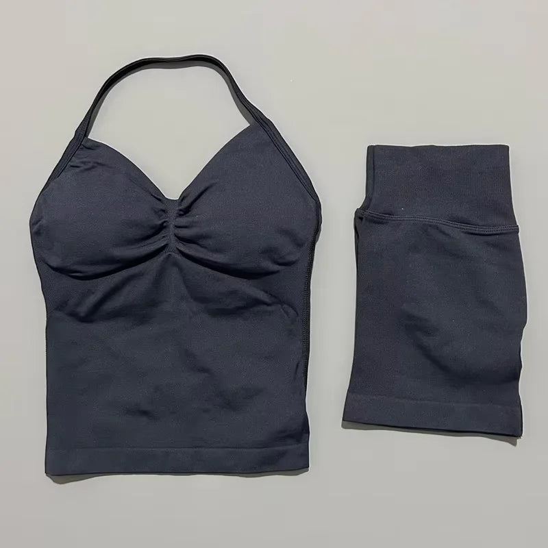 HISTELLO 2 Pieces Sports Set Women Yoga Longline Strap Top Scrunch Seamless Shorts Sport Gym Set Sportswear Workout Fitness Set Quick Pick Grocers