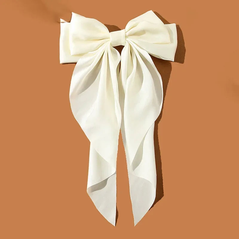 Korean Accessories Hair Clips for Women Girls Big Bowknot Solid Satin Long Ribbon Bows Spring Clamp Barette Cheveux Femme 2023 Quick Pick Grocers