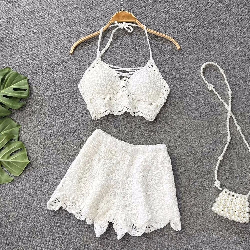 SINGREINY Knit Two Piece Sets Women Summer Vacation Backless Camisole Elastic Waist Shorts Hollow Out Y2K Beach Style Suits Quick Pick Grocers