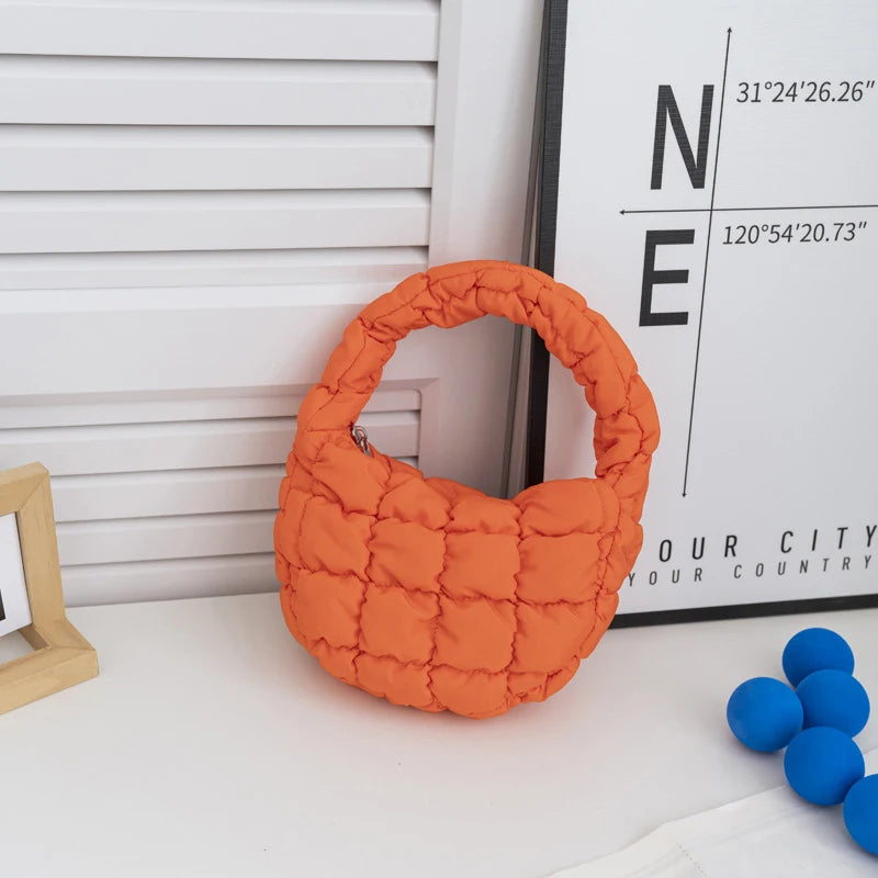 Fashion Mini Puffer Tote Bag Quilted Circle Phone Purse Elegant Purple Soft Nylon Padded Key Pouch Simple Trend Handbag Econic Blanks