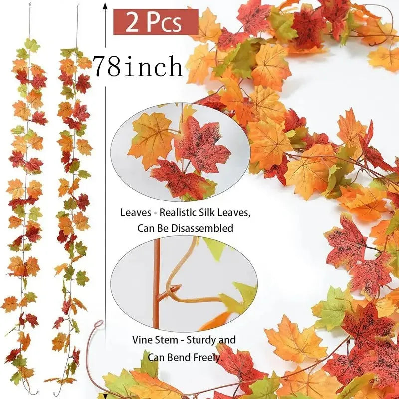 2M Artificial Fall Maple Leaf Garland Fake Plants Autumn Decor Leaves Vine for Thanksgiving Halloween Festivals Wedding Decora Quick Pick Grocers