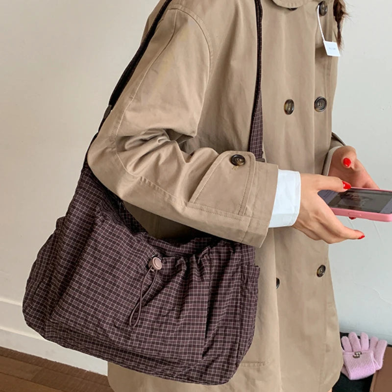 Korean Nylon Shoulder Bags Fashion Simple Plaid Zipper Tote Drawstring Pleated Cloud Bags New Commuter Crossbody Shoulder Bag Quick Pick Grocers