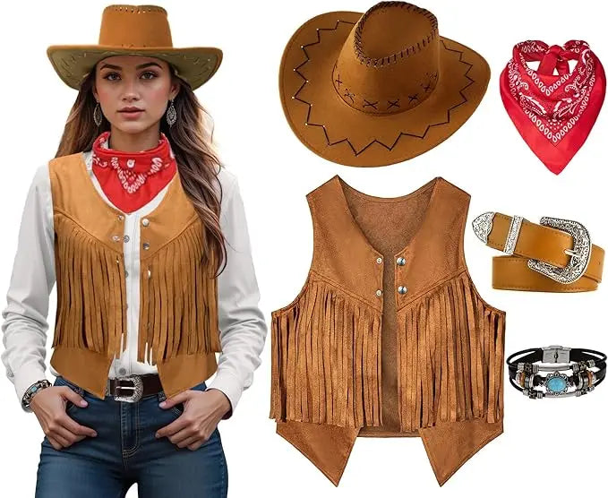 Women Men Cowgirl Costume Western Vest Hat Belt Bandana Set for Cowboy Tassels Fringe Vest Halloween Outfits Wild West Cosplay Quick Pick Grocers