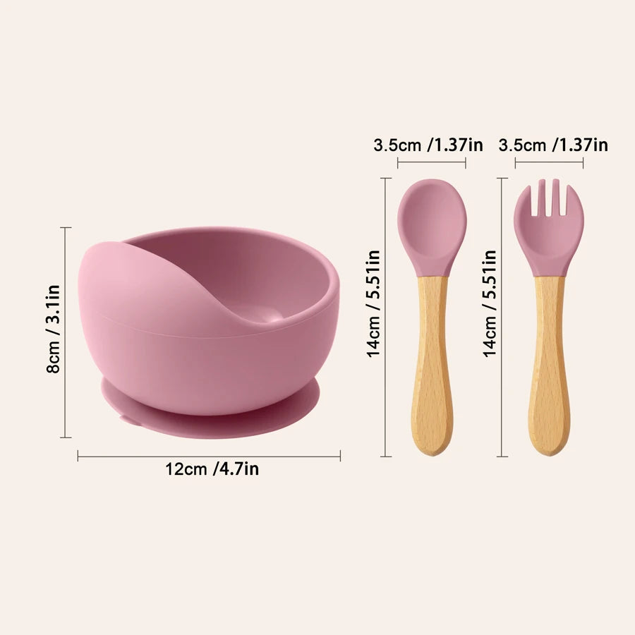 Mamaplan 3PCS Baby Silicone Feeding Set Toddler Suction Bowl Feeding Training Spoon Fork Baby Dishes Plate Baby Accessories Purest Peak