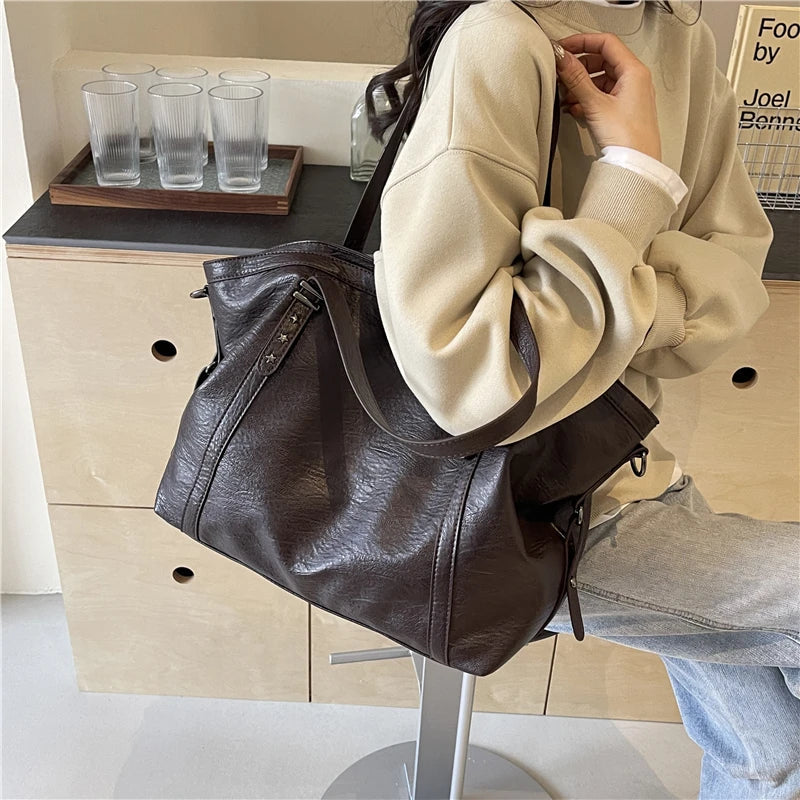 MOODS Large Sized Tote Bags For Women Soft PU Leather Pure Color Large Capacity Shopper Shoulder Crossbody Bag Quality Handbags Quick Pick Grocers