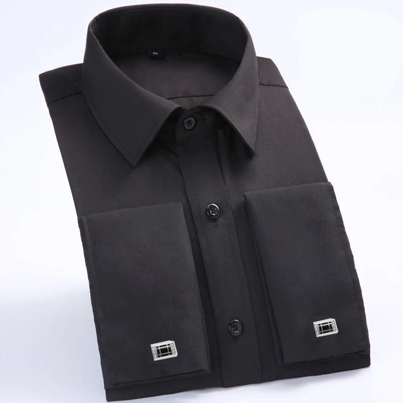 Men's Classic French Cuffs Social Dress Shirt Formal Business Standard-fit Long Sleeve Wedding Party Office Work White Shirts Quick Pick Grocers