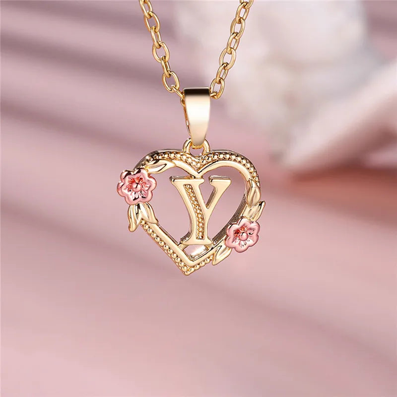 Female A-Z Letter Flower Pendant Necklace Yellow Gold Color Wedding Jewelry Gift For Women Quick Pick Grocers