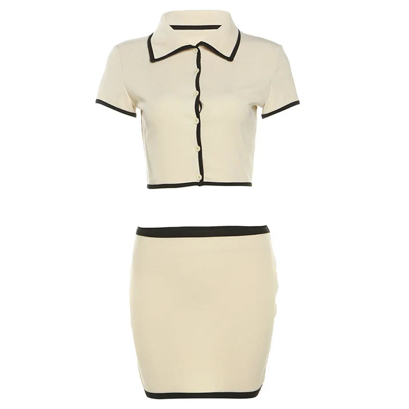 Weird Puss Ribbed Women 2 Piece Set Polo Neck Button Shorts Crop Tops+Mini Skirts Matching Stretch Elegant Streetwear Outfits Quick Pick Grocers