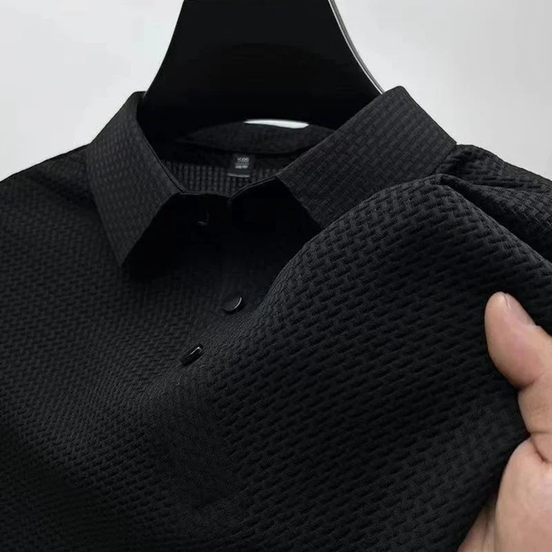 New Men's Business Casual Short Sleeved Bone Flower Solid Color POLO Shirt Fashion Breathable Comfortable Summer Versatile Top Quick Pick Grocers