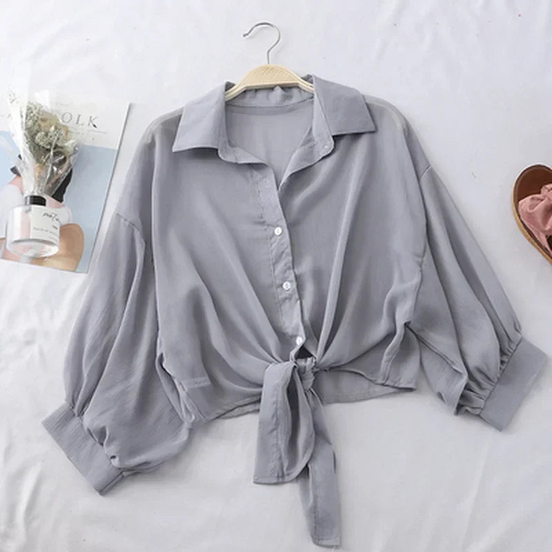 Casual Loose Hollow White Clothes Elegant Solid Color Tied Waist Blouse Women Summer Bat Half Sleeve Button Chiffon Shirt Quick Pick Grocers