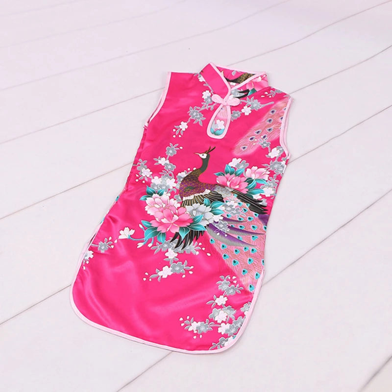 Cheongsam Dress Baby Girl Qipao Summer Clothes Peacock Sleeveless Slim Traditional Dress Child Girls Clothes Chinese Style Quick Pick Grocers