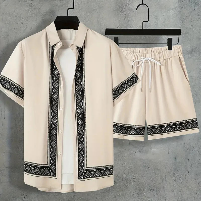 2024 New Men's Summer Holiday Suit Retro Textured Printed Border Shirt Short Sleeve Shorts Two Piece Men's Breathable Pool Suit Quick Pick Grocers