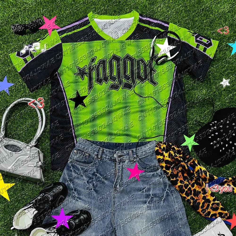 Y2K Hot Girl Cool And Stunning Faggot Stars Pride Sport Jersey Women's Street Fashion Hip-Hop Concert Short Sleeved T-Shirt Quick Pick Grocers