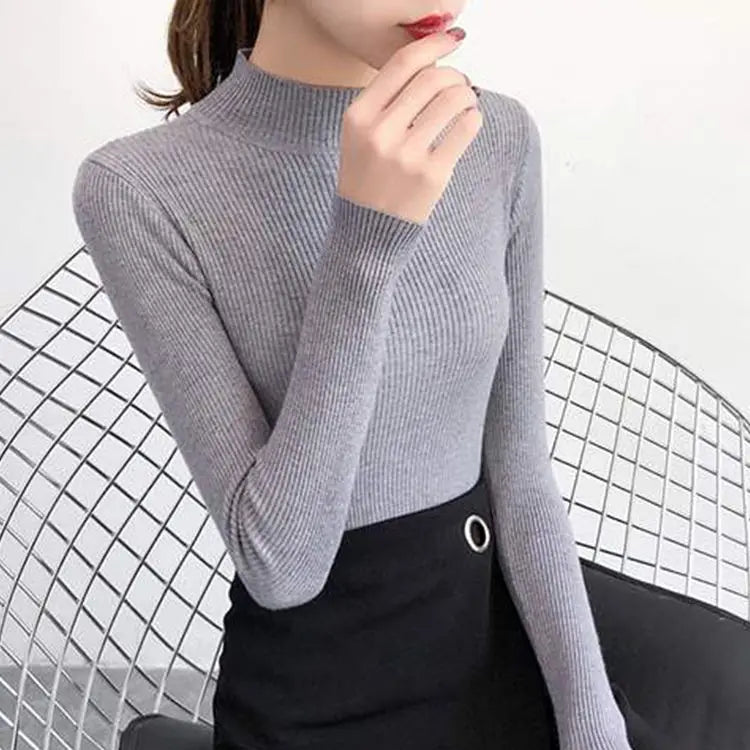 Autumn Winter Mock Neck Women Sweater Vintage Basic Solid Knitted Tops Casual Slim Pullover Korean Sweaters Simple Chic Jumpers Quick Pick Grocers
