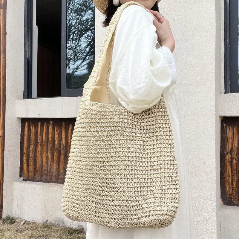 French Style Large Capacity Woven Straw Woven Bag for Women New Beach Vacation Shoulder Bag Casual Commuting Tote Bag Purse Quick Pick Grocers