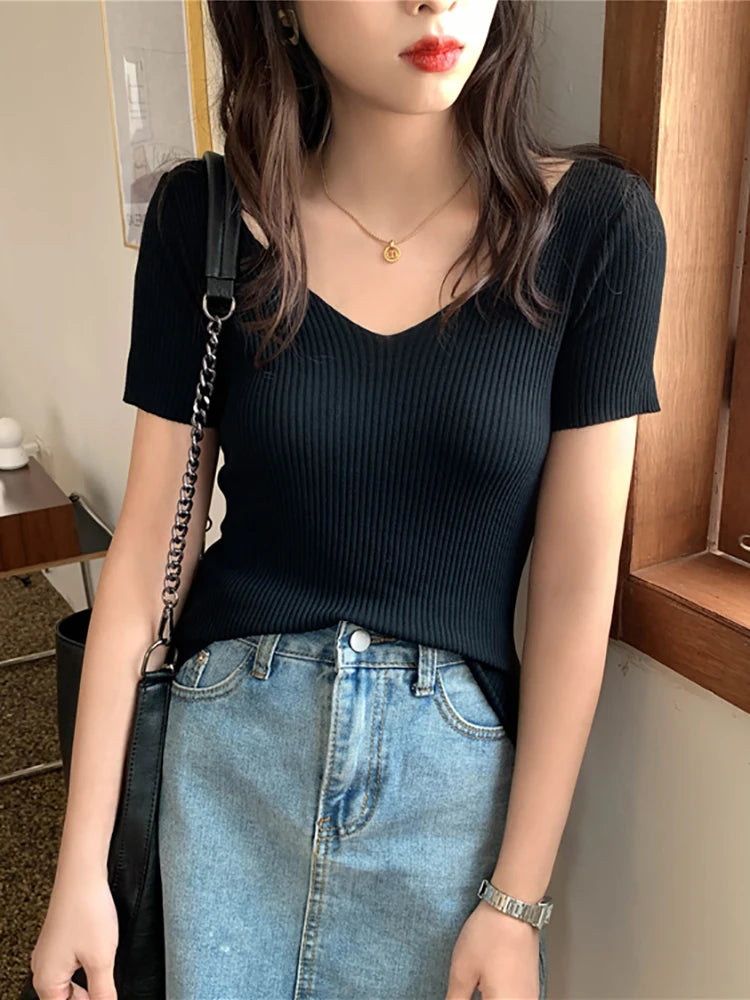 AOSSVIAO 2026 Basic V-neck Solid Thin Summer Pullover Women Female Knitted Ribbed Sweater Slim Short Sleeve Bodycon Sweater Quick Pick Grocers