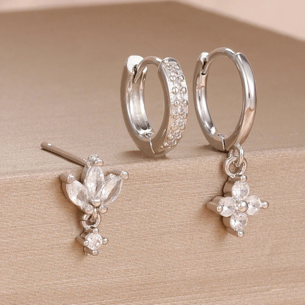 3PCS Fashion Orange Blue Zircon Hanging Earrings Set for Women Stainless Steel Flower Dangle Earring Piercing Jewelry Econic Blanks