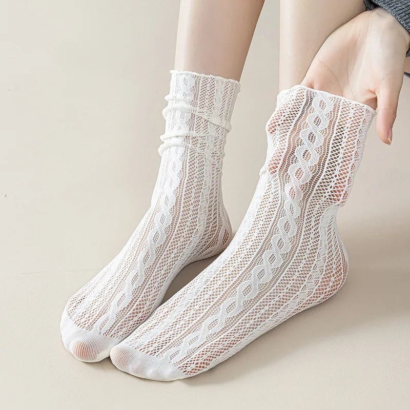 Japanese Kawaii Girls Cute Socks Spring Summer Mesh Hollow Out Women Socks Solid Color Female Harajuku Retro Vintage Long Socks Quick Pick Grocers