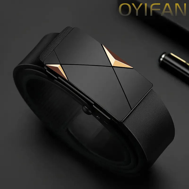 OYIFAN Fashion Men's Belt Men's Genuine Leather Belt Automatic Buckle Ratchet Belt Random Adjustment Quick Pick Grocers
