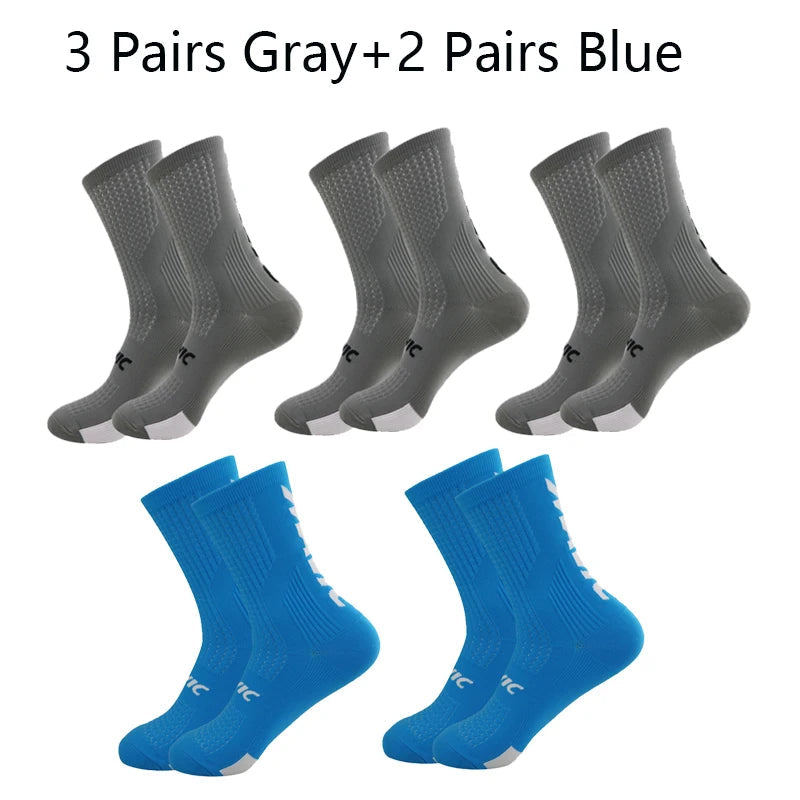 5 Pairs Cycling Socks Men Bicycle Sport Running Bike Socks Mid Tube Compression Outdoor Racing MTB Road Bike Socks Breathable Quick Pick Grocers