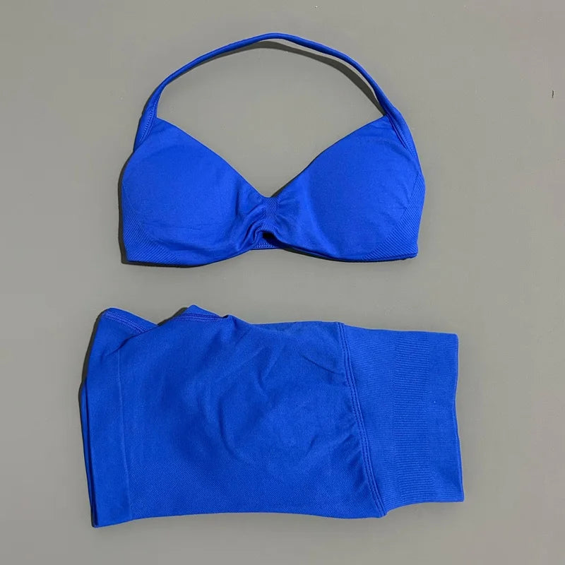 HISTELLO Gym Set 2 Piece Women Strappy Yoga Bra Top Workout Scrunch Shorts Sports Suit Fitness Clothes Seamless Yoga Set Quick Pick Grocers