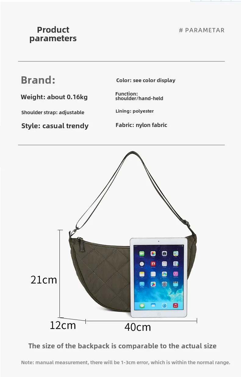 Waist Half Moon Belt Bag Solid Color Crossbody Bag Large Capacity Shoulder Bags Portable Nylon Plaid Travel Bags for Commuting Quick Pick Grocers