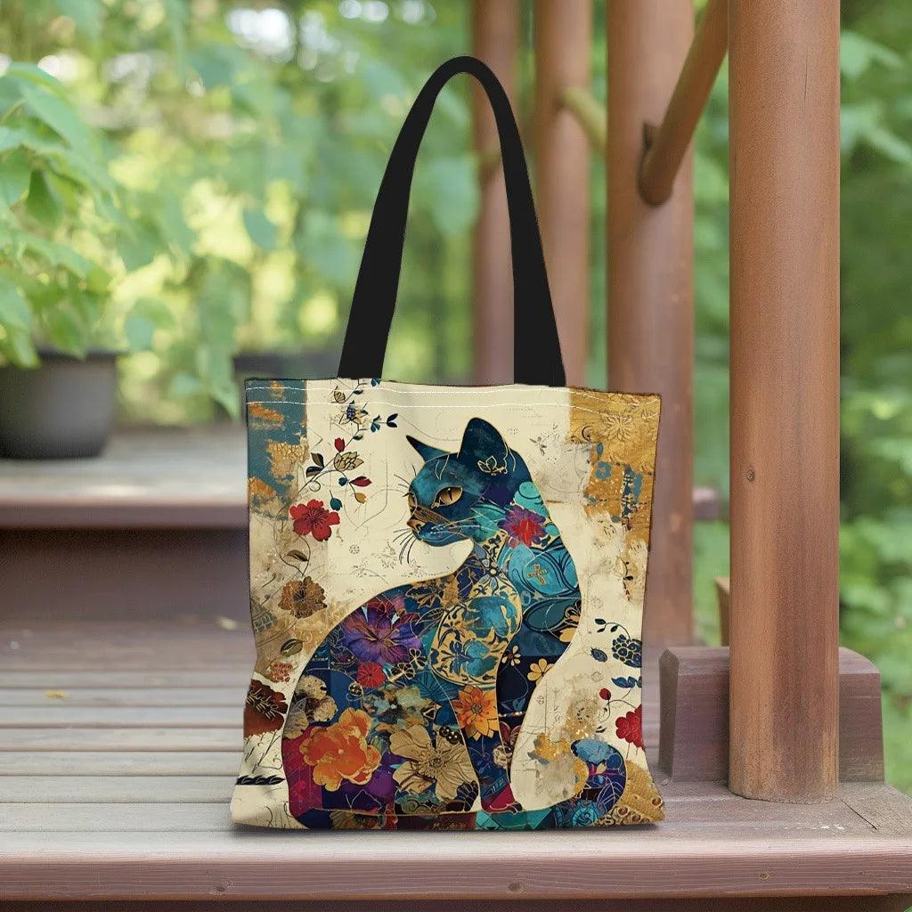 Floral Cat Pattern Tote Bag, Aesthetic Canvas School Shoulder Bag, Lightweight Grocery Shopping Bag Quick Pick Grocers