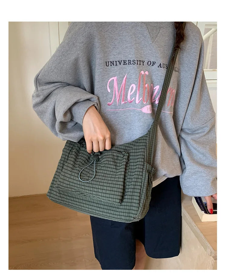 Korean Nylon Shoulder Bags Fashion Simple Plaid Zipper Tote Drawstring Pleated Cloud Bags New Commuter Crossbody Shoulder Bag Quick Pick Grocers