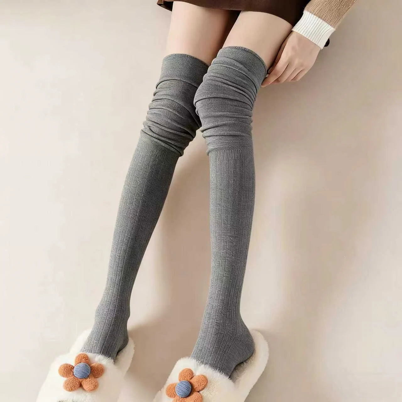 Fashion Pure Cotton Knee-high Socks Solid Color Keep Warm Long Tight Socks Boot Socks Fall Winter Quick Pick Grocers