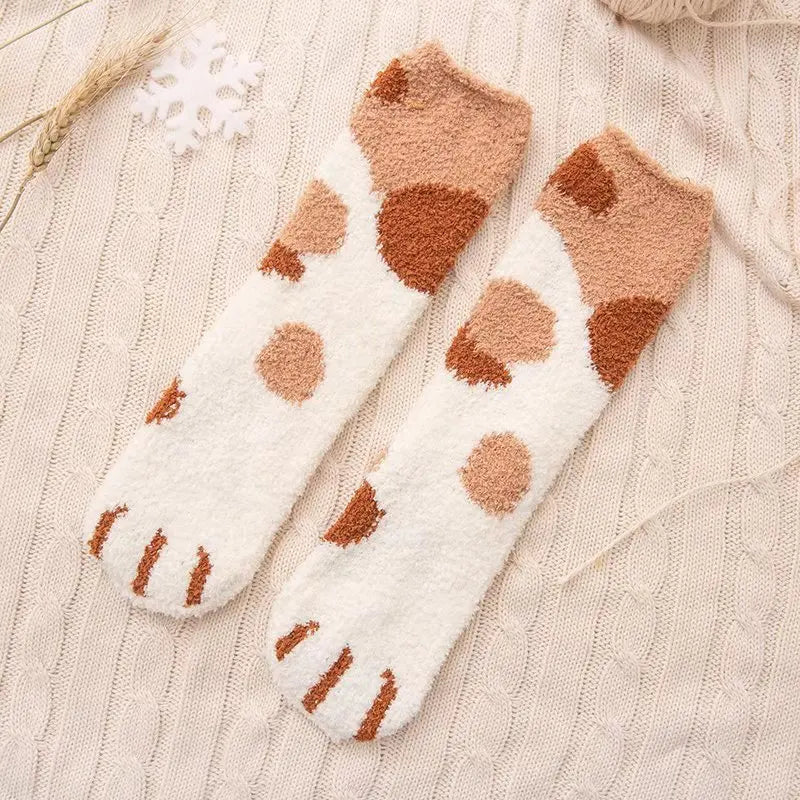 Women Winter Warm Fluffy Socks Cute Animal Claw Cat Paw Footprint Fuzzy Socks Female Thick Coral Fleece Home Floor Sleep Socks Purest Peak
