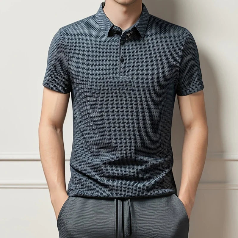 New Men's Business Casual Short Sleeved Bone Flower Solid Color POLO Shirt Fashion Breathable Comfortable Summer Versatile Top Quick Pick Grocers