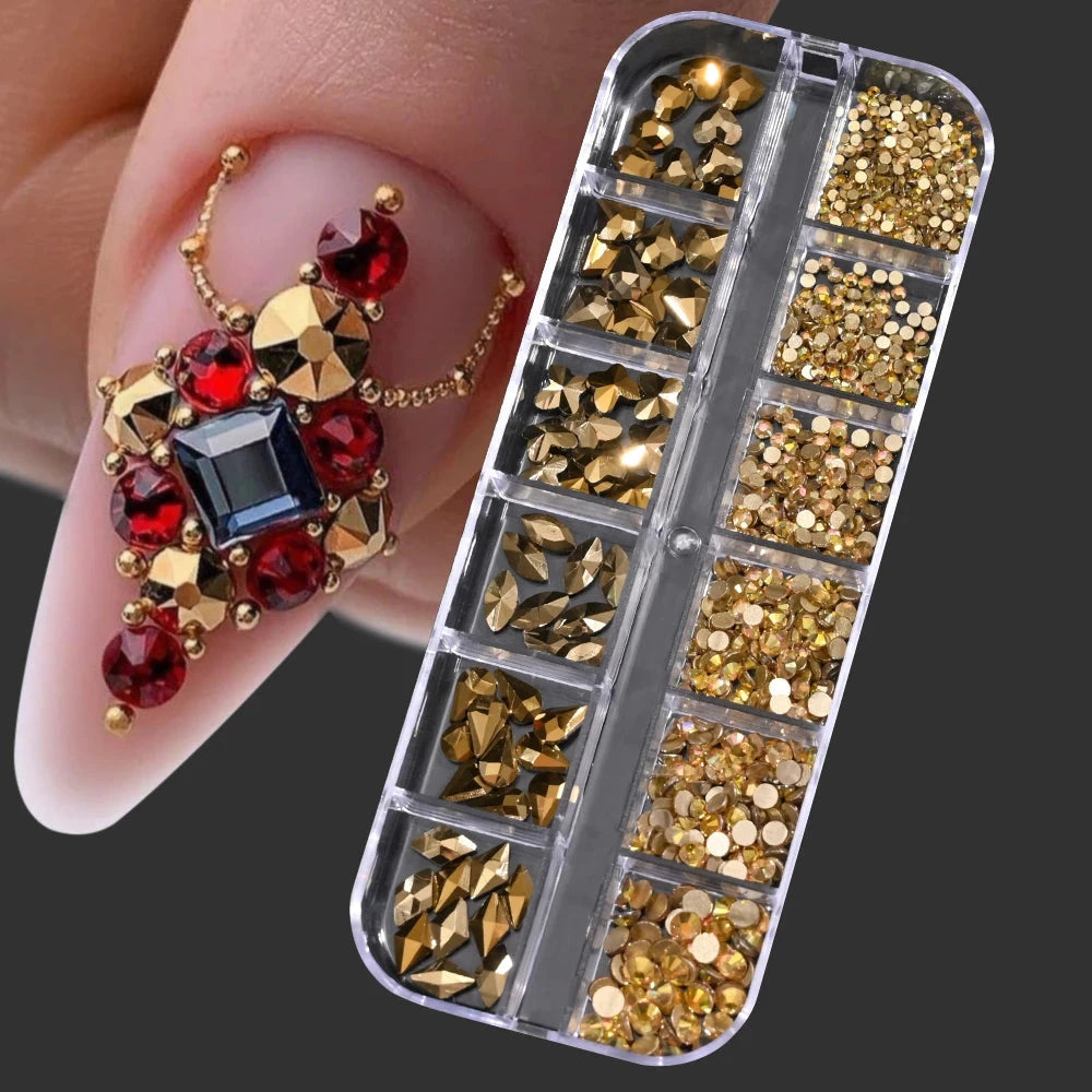 12Grids SS6-SS30 Mixed Nail Rhinestones Shiny Clear/Gold/Pink/Blue Diamond Flat-back Nail Gems Glass Stones Nails Decoration Econic Blanks
