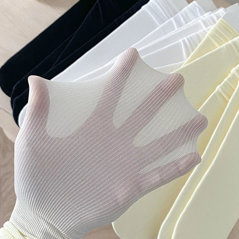INS Women Girls Summer Thin Long Socks Ice Velvet Soft Breathable Pile of Socks Solid Black White Beige Harajuku High Tube Socks Quick Pick Grocers