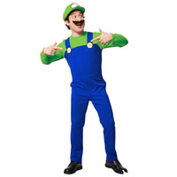 Mens Halloween Plumber Costume with Fake Beard Hat Gloves Adult Cosplay Jumpsuit Party Outfit Red, Yellow, Purple Plumber Quick Pick Grocers
