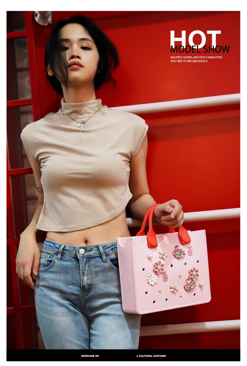 EVA Large Leather Shoulder Bag Handbag Tote Bag Storage for Women Casual Waterproof Beach Bag Hole Fit Charm Fashion Storage Bag Quick Pick Grocers