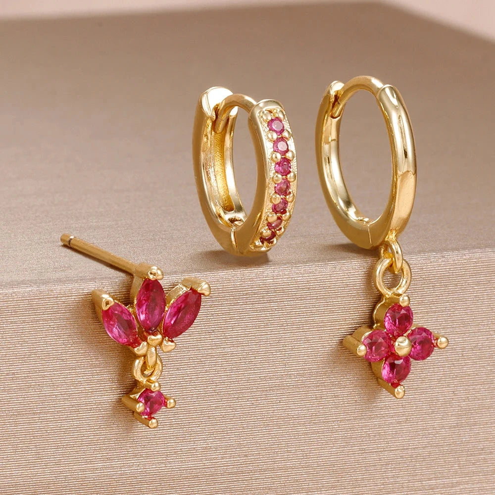 3PCS Fashion Orange Blue Zircon Hanging Earrings Set for Women Stainless Steel Flower Dangle Earring Piercing Jewelry Econic Blanks