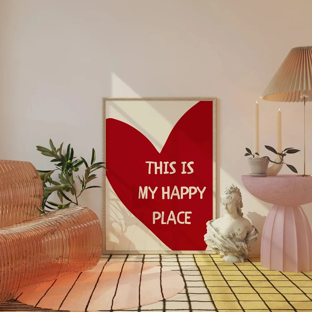 Lovely Trendy Red Heart Canvas Art Paintings Aesthetic This Is My Happy Place Wall Posters Prints for Living Room Home Decor Quick Pick Grocers