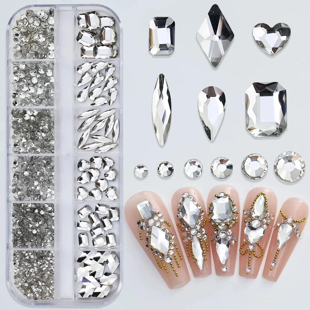 180pcs AB Flatback Glass Nail Art Rhinestones Multi-shape Mixed Diamond Gems Blue Purple Crystal Stones For DIY Nail Decoration Econic Blanks