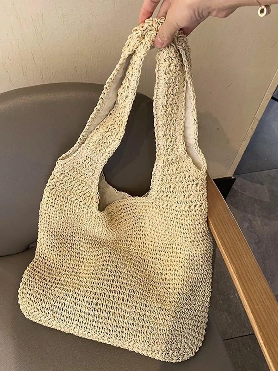 French Style Large Capacity Woven Straw Woven Bag for Women New Beach Vacation Shoulder Bag Casual Commuting Tote Bag Purse Quick Pick Grocers