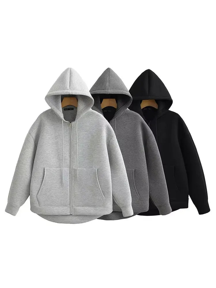 HH Autumn Women Gray Jacket With Hood Long Sleeve Big Pocket Zipper Jacket Coat Woman Loose Casual Outerwear Coat Tops Econic Blanks