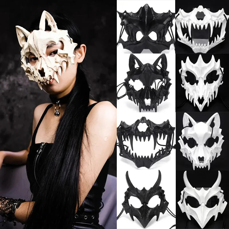 Halloween Mask Half-face Mask Cos Dragon God Fierce Tiger Night Fork Tengu Man Wolf Mask Performance Skull Masks Econic Blanks