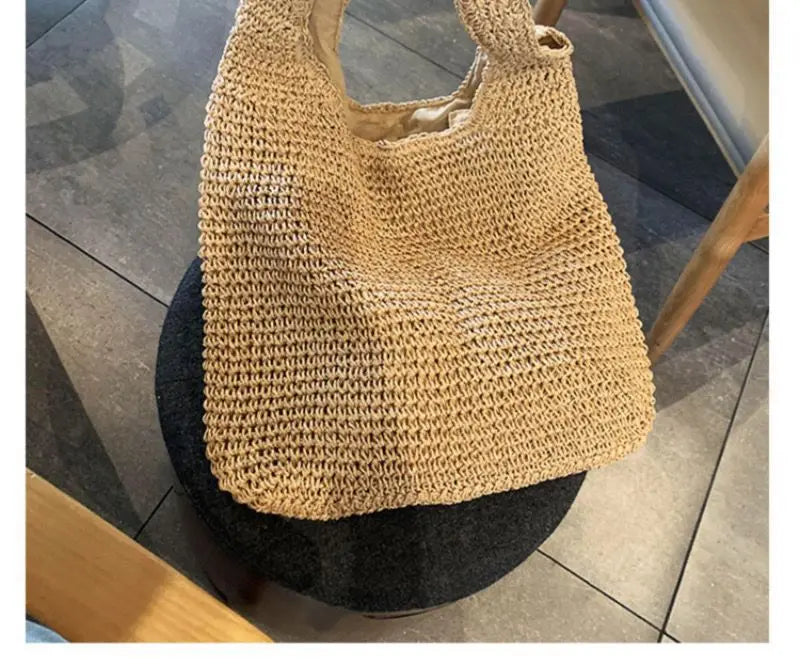 French Style Large Capacity Woven Straw Woven Bag for Women New Beach Vacation Shoulder Bag Casual Commuting Tote Bag Purse Quick Pick Grocers