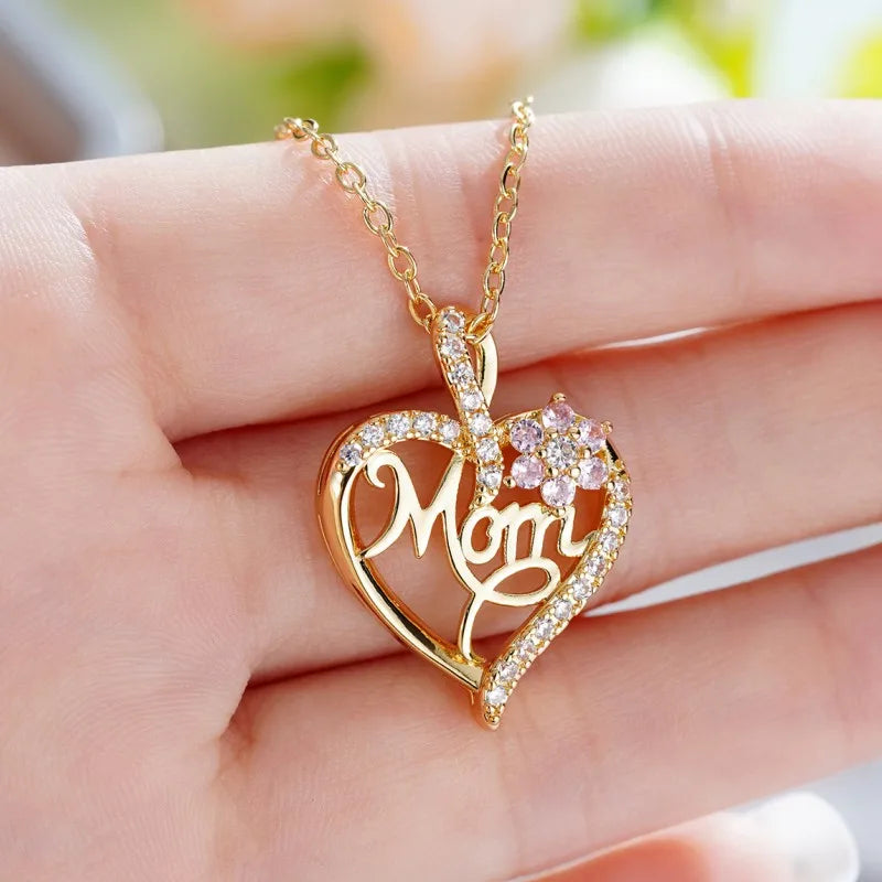Huitan Mother's Day Necklace for Mom Luxury Trendy Craved Pendant Necklace Pink Flower Aesthetic Neck Accessories Love Jewelry Quick Pick Grocers