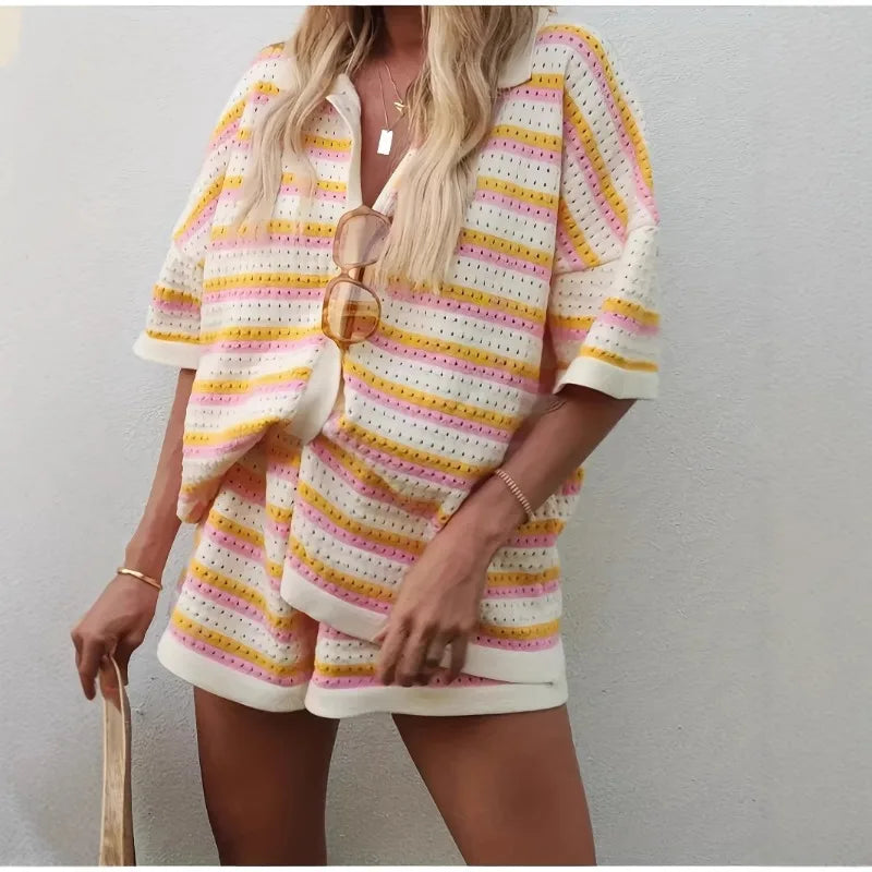 2025 Summer Women'S Hollow Striped Knitted 2 Pieces Set Short Sleeve Flip Collar Cardigan Single Breasted Casual Shorts Suits Quick Pick Grocers