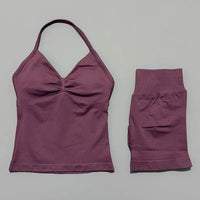 HISTELLO 2 Pieces Sports Set Women Yoga Longline Strap Top Scrunch Seamless Shorts Sport Gym Set Sportswear Workout Fitness Set Quick Pick Grocers