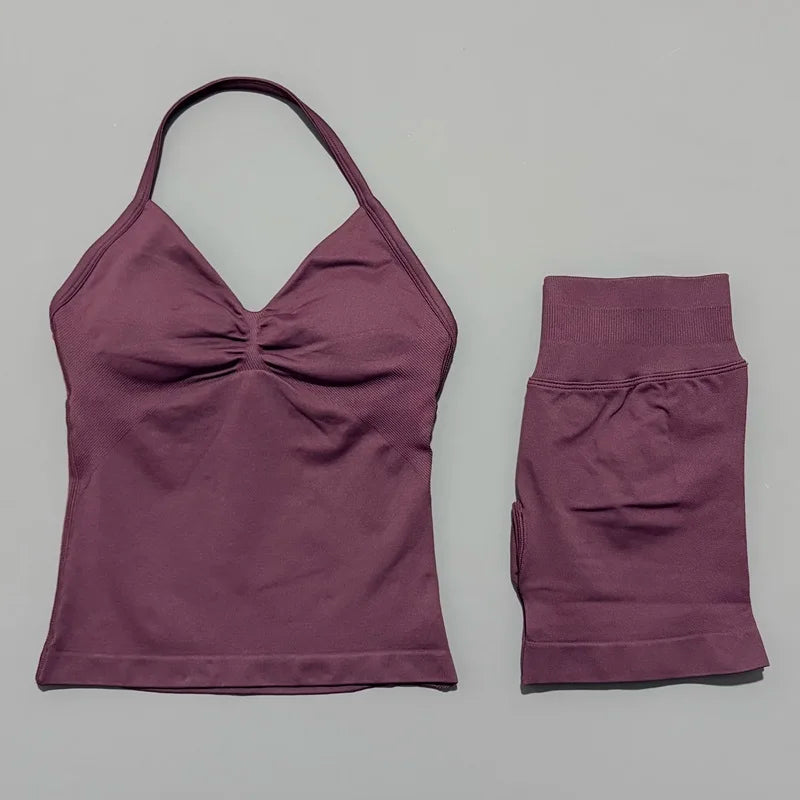 HISTELLO 2 Pieces Sports Set Women Yoga Longline Strap Top Scrunch Seamless Shorts Sport Gym Set Sportswear Workout Fitness Set Quick Pick Grocers